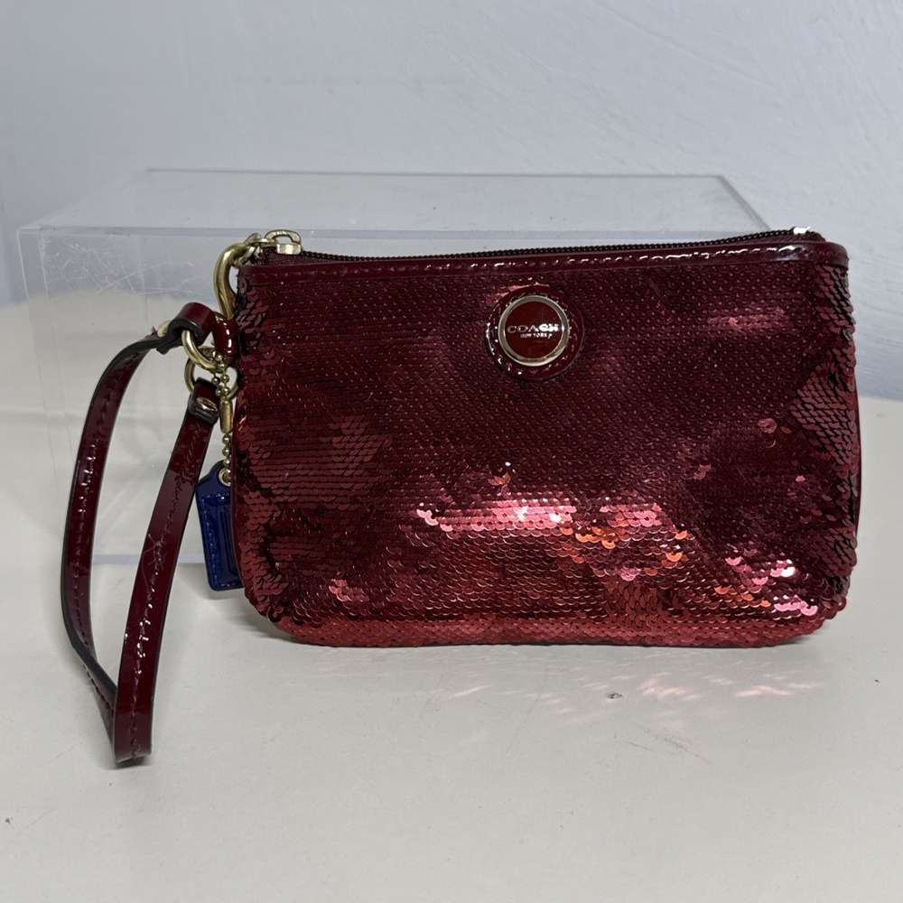COACH Wristlet Burgundy With Sequins And Logo Pattern Detachable Hanger EUC